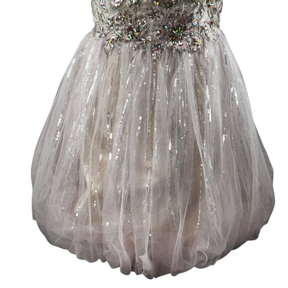 Tony Bowls Jeweled & Lace Bodice Pink Tulle & Silver Short Bubble Dress … - Picture 6 of 13